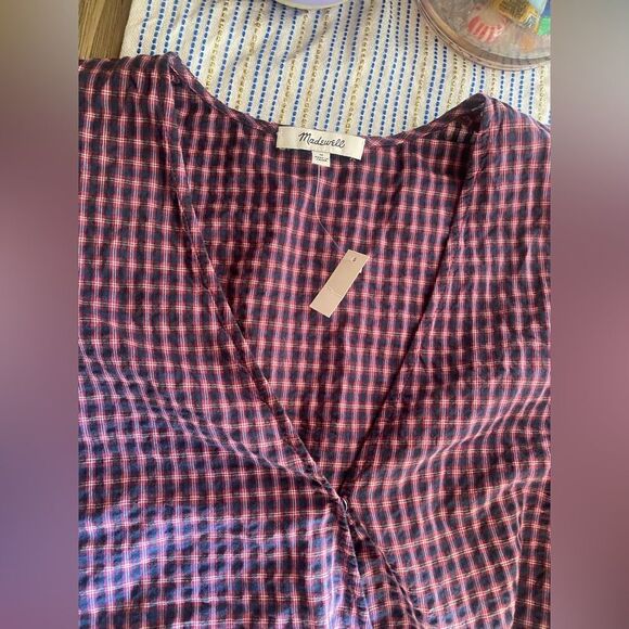 MADEWELL Flutter Sleeve Side Tie Wrap Top Black Red Plaid Women’s Sz Medium NWT - Picture 7 of 13